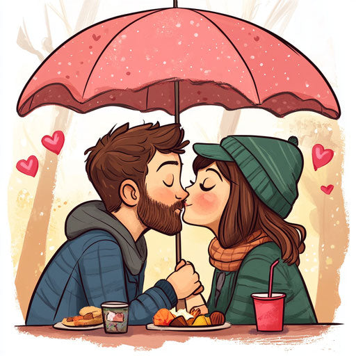 Caricature drawing of a young couple kissing in the park on Valentine's Day