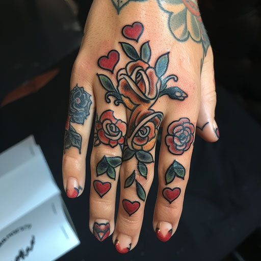 Finger tattoo of traditional hearts and roses
