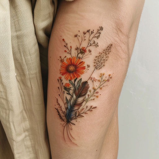 Wildflower tattoo with feathers, earthy colors, bohemian vibe, soft details
