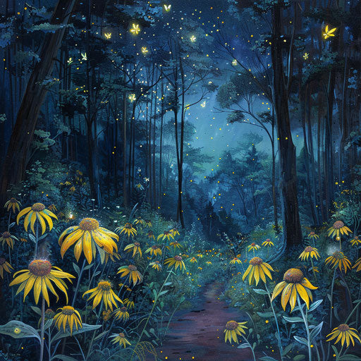 Glowing yellow flowers under the fireflies' shimmer