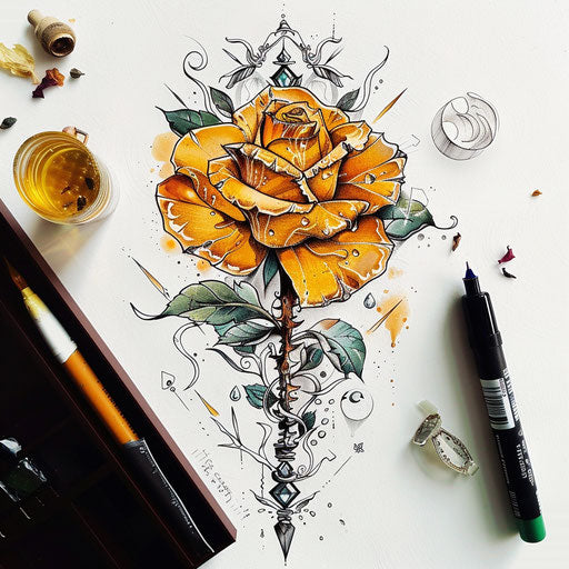 Surreal flat tattoo sketch of a yellow rose with dreamlike elements