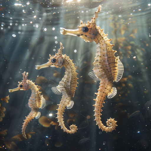 Seahorses swimming gracefully, dynamic action shot