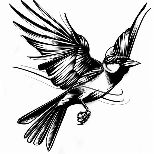 Dynamic tattoo sketch of a soaring blackbird, clipart style with sharp angular lines in a monochrome palette