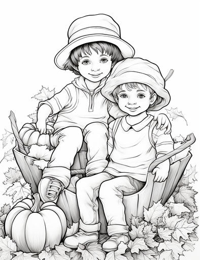 Two boys in a pumpkin basket, coloring page