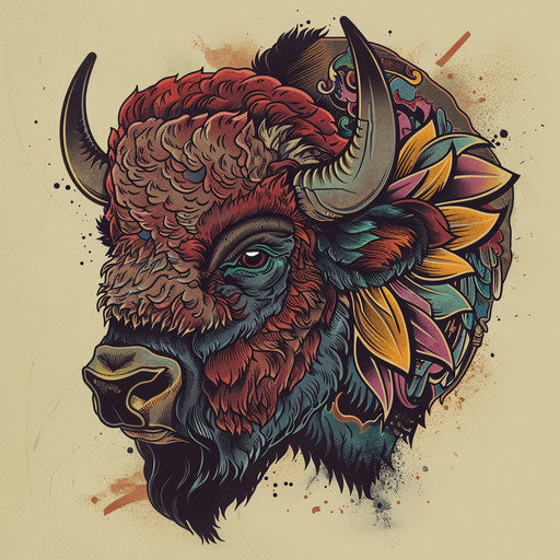 Flat tattoo sketch of a vintage bison