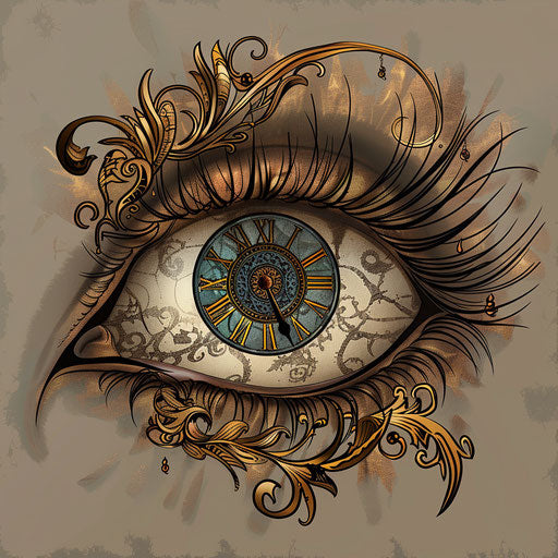 Symbolic eye clock in muted browns and golds