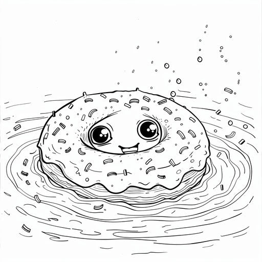 A cute donut character swimming in a pool of sprinkles.