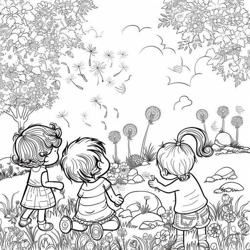 Children playing in a dandelion field