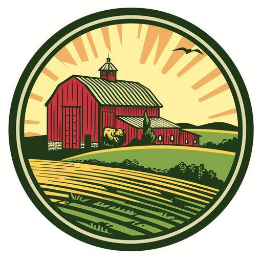 Farm logo with a stylized barn and a green field background