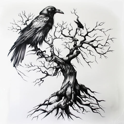 Dead tree and raven in black and gray on white canvas