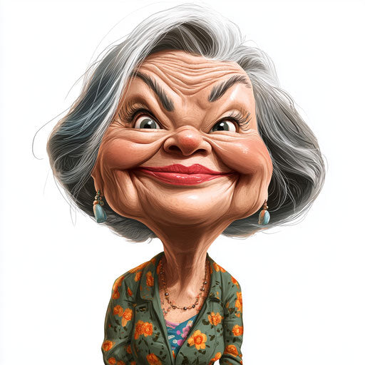 Humorous caricature of a grandmother in cartoon style