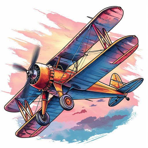Elegant sketch of vintage biplane, pastel skies, clipart style