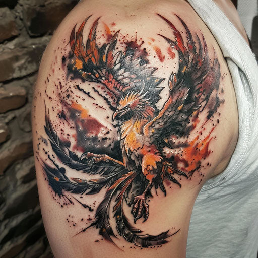 Realism phoenix tattoos in flight, Peter Jackson style, shoulder