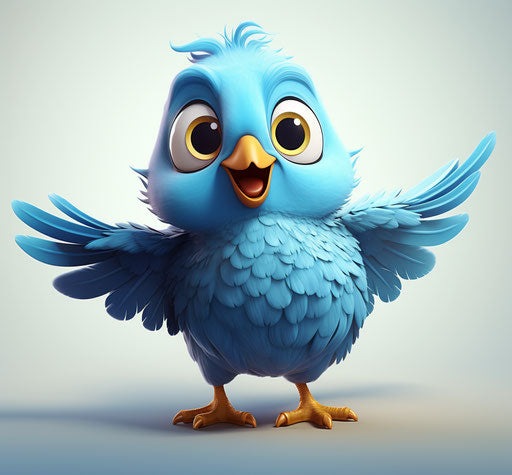 Blue cartoon bird with wings, candid moments captured, caricatures