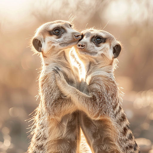 Meerkat grooming, showcasing social behaviors, soft background