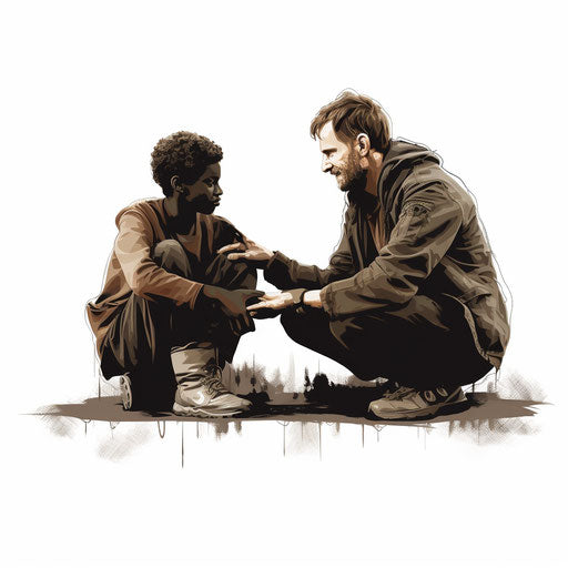 Helping others clipart in Chiaroscuro Art style, on white background