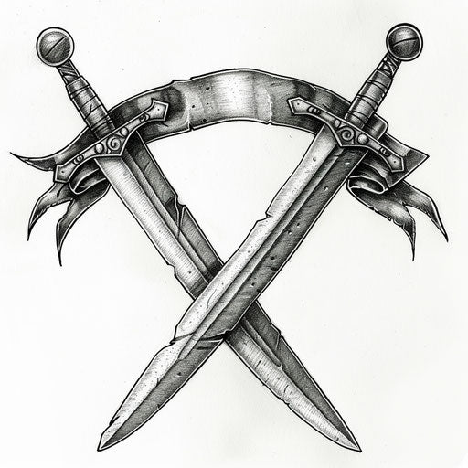 Pencil illustration of a pair of crossed swords with a scroll, honor and history, on a white background