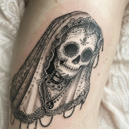 Skull tattoo wrapped in lace with skull necklace