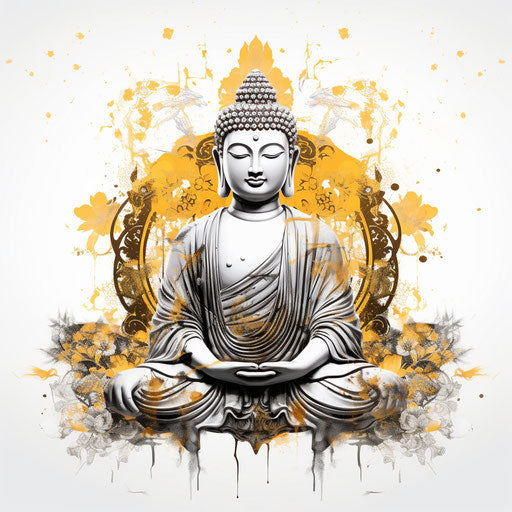 buddha drawing design | wall paper, illustration, art, in the style of digitally enhanced, white background, contrasting lights and darks, tattoo, hand-coloring, innovating techniques, religious iconography