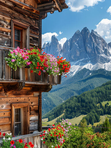Wooden house with flowers on balcony, Dolomites Italy