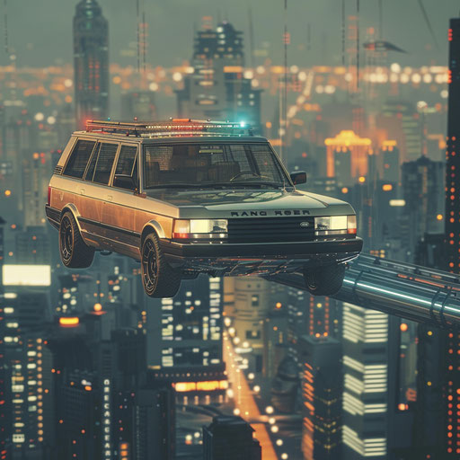 Retro-futuristic 1994 Range Rover floating above futuristic cityscape