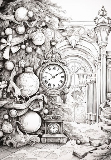 Christmas with clock and decorations, meticulous inking style