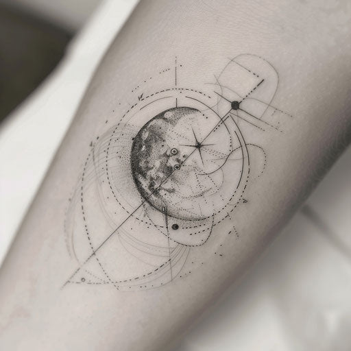 Abstract tattoo artwork of geometric shapes forming a moon and stars constellation