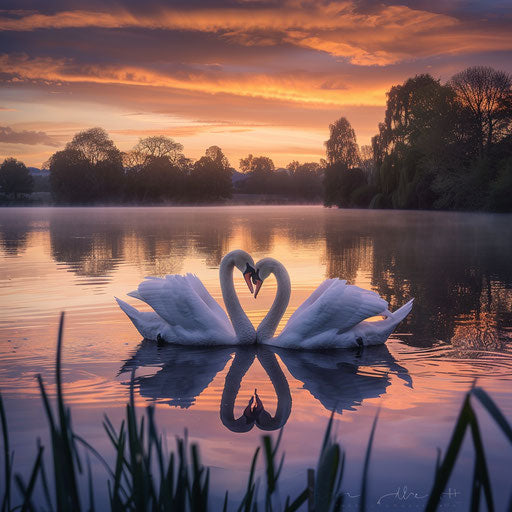 Two swans forming a heart on a tranquil lake at twilight