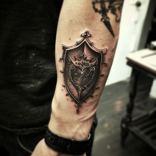 Men's wrist tattoos with a medieval shield design