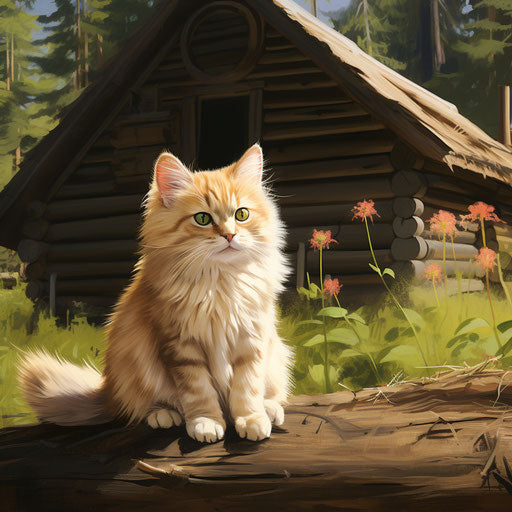 Manx cat sitting in front of a log cabin