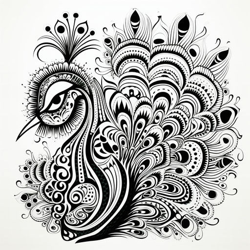 A monochrome doodle of a peacock with intricate patterns and lines