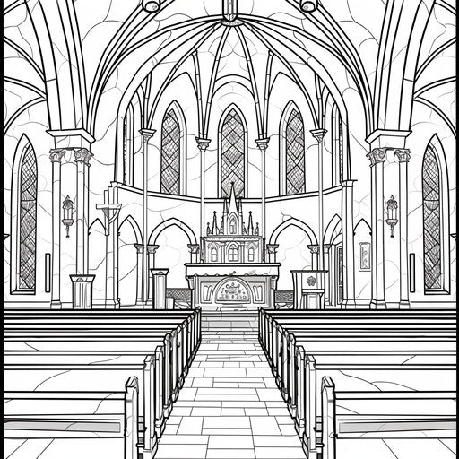 Detailed interior of a church with pews and altar. Coloring book page