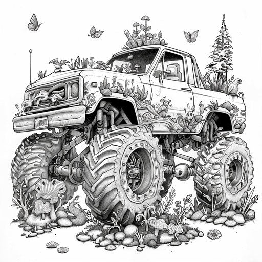 Nature-themed monster truck with whimsical animals