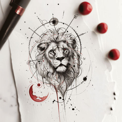 Sleek tattoo sketch of Leo constellation in a modern flat style, using monochrome shades with a pop of red
