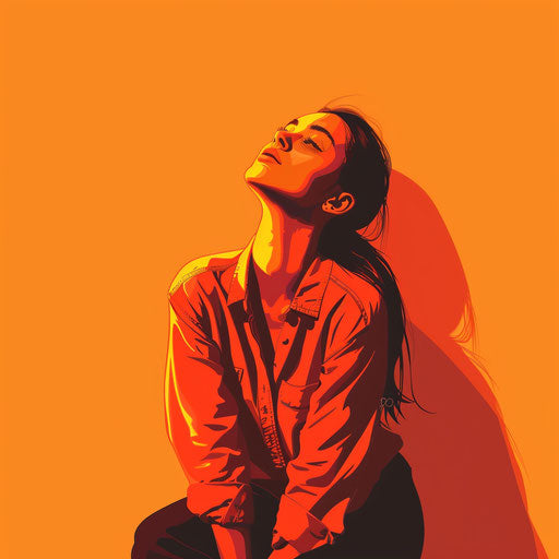 Realistic human clipart on flat, sunset orange background