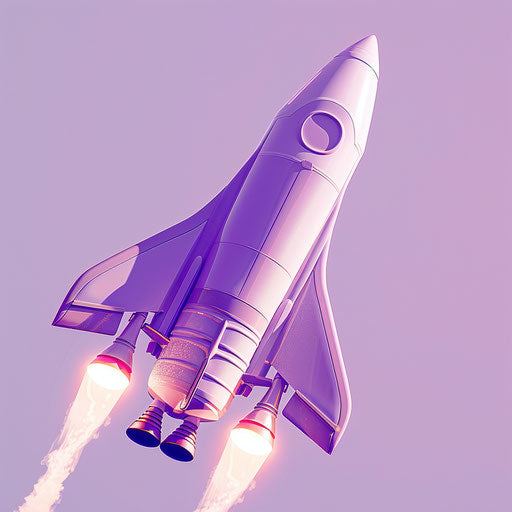 Soft lavender flat background, rocket ship clipart with realism