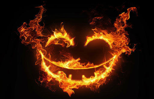 Smiling face with flames on black background, in the style of flickr, mcdonaldpunk, wiccan 17:11