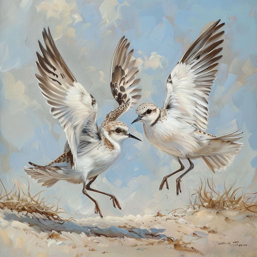 Two western snowy plovers dancing in courtship on a pristine coastal dune
