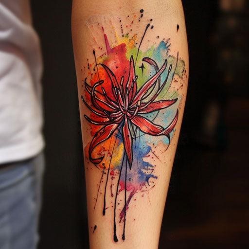 Vibrant and colorful tattoo sketch of a red spider lily with watercolor splashes in the background