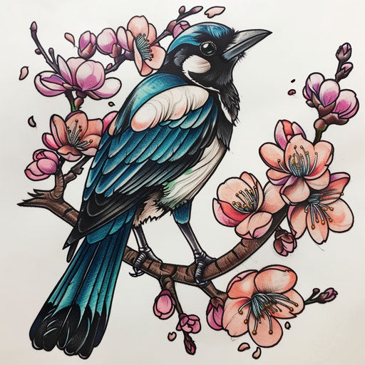 Colorful flat tattoo sketch of a magpie on a cherry branch