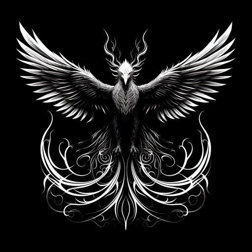 Black and white silhouette of bird, mythical beasts style