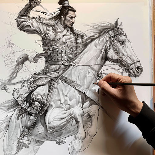 Chinese warrior on horseback in dynamic motion, tattoo sketch on white drawing board