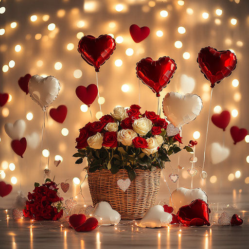 Valentine's Day backdrop with roses, heart-shaped balloons, and lights