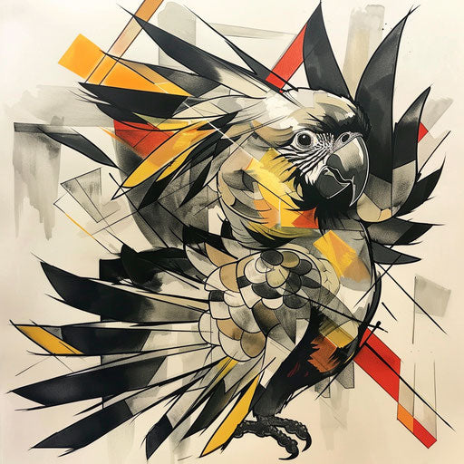 Cubist tattoo sketch of a yellow-tailed black cockatoo