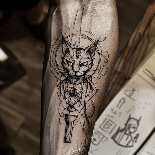 Bold and dark flat tattoo sketch with Bastet holding the Ankh, symbol of life