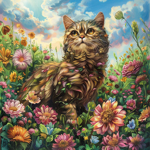Tortoise cat in a field of flowers
