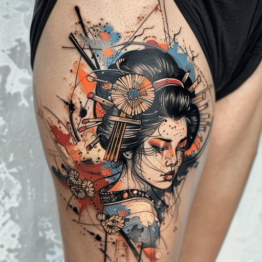 Surrealistic geisha tattoo with fantastical elements and dream-like colors