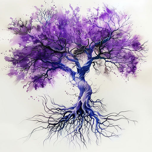 Violet tree of life tattoo with roots and branches