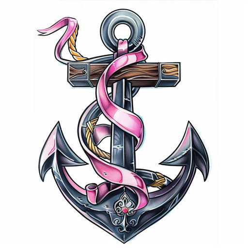 Tattoo of an anchor with a pink ribbon
