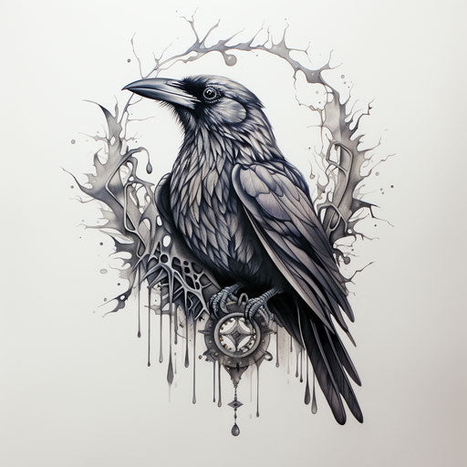 Drawing of crow or bird, tattoo style, ink and wash